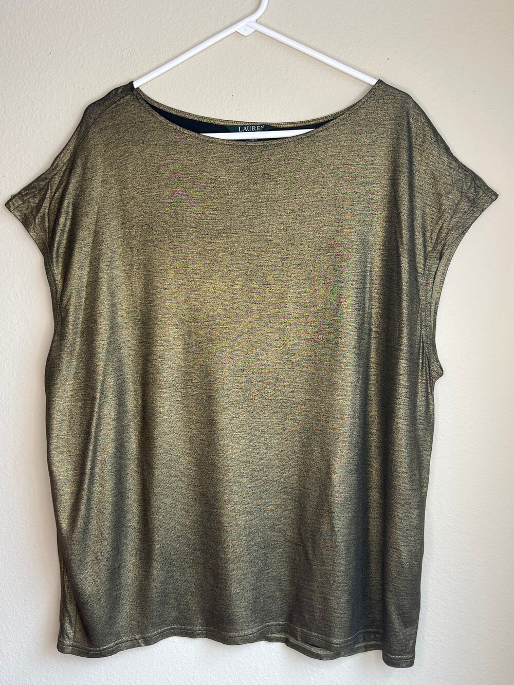 Lauren Ralph Lauren 2X Metallic Gold Foil Boatneck Cap Sleeve Tunic Blouse